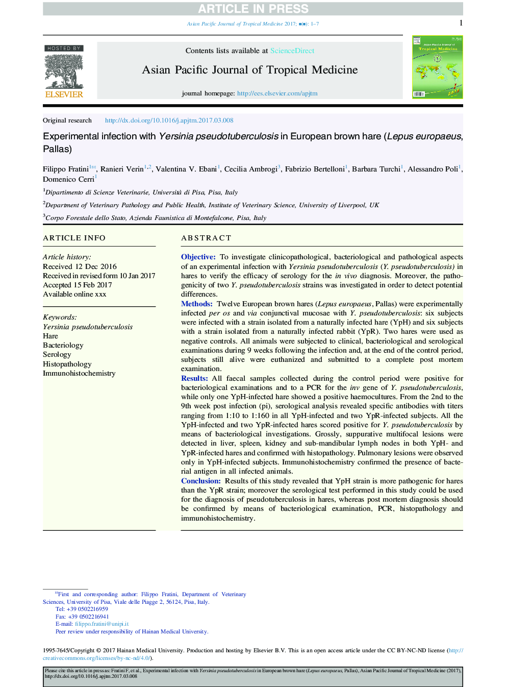 Experimental infection with Yersinia pseudotuberculosis in European brown hare (Lepus europaeus, Pallas)