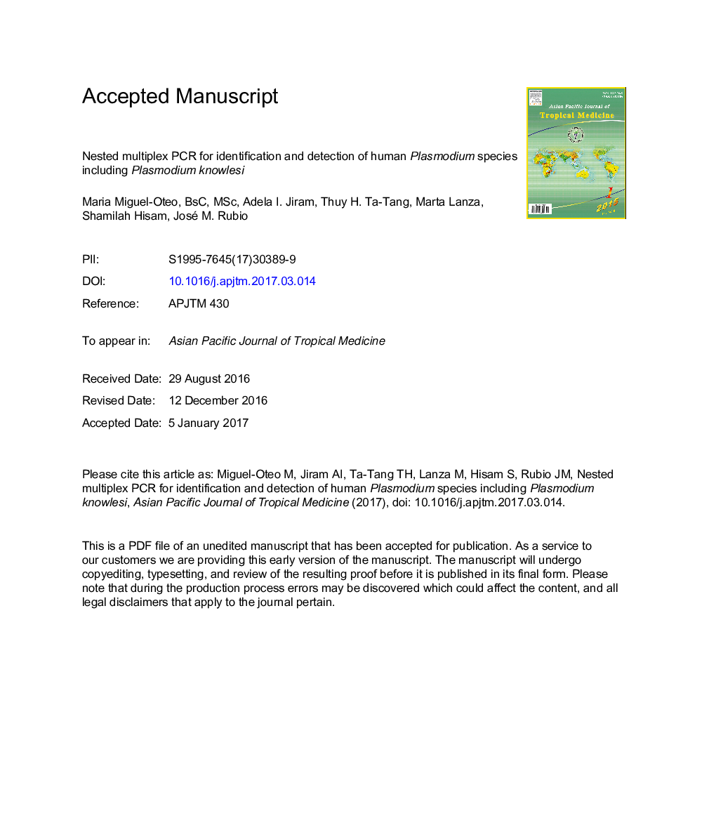 Nested multiplex PCR for identification and detection of human Plasmodium species including Plasmodium knowlesi