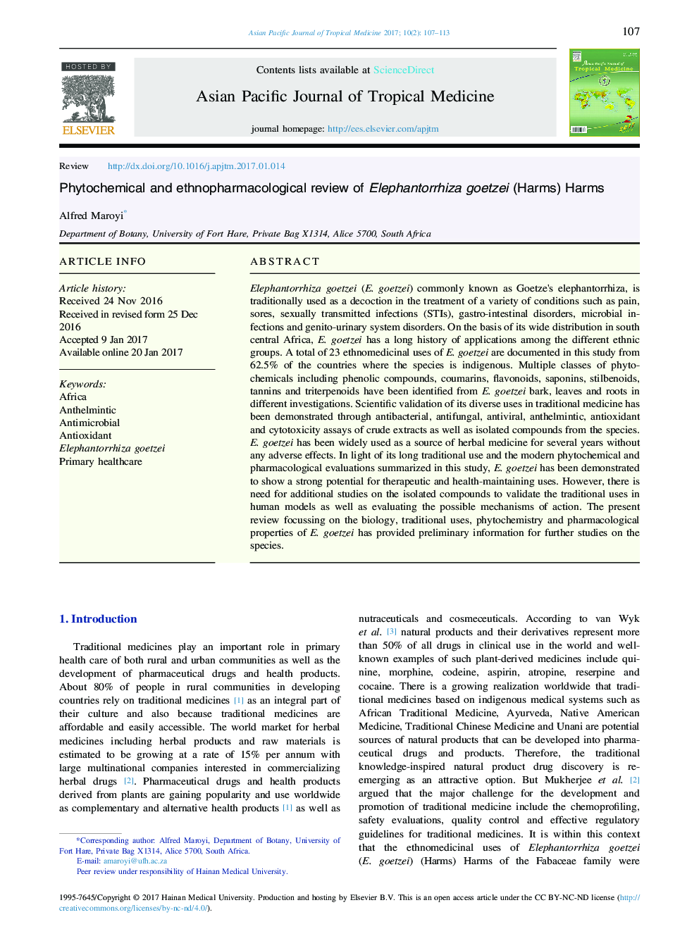 Phytochemical and ethnopharmacological review of Elephantorrhiza goetzei (Harms) Harms