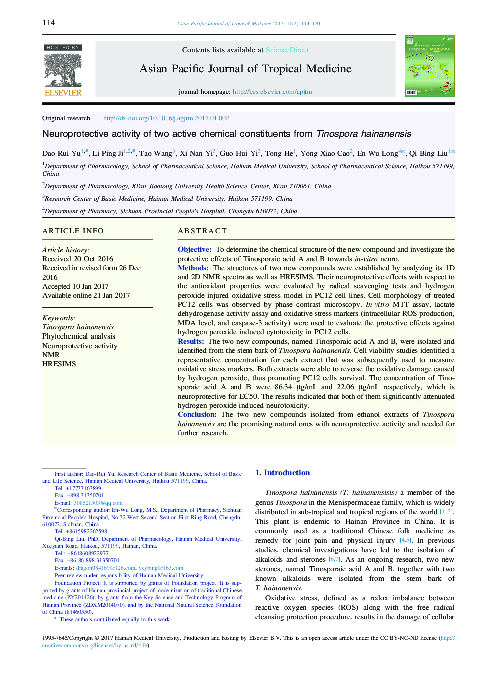 Neuroprotective activity of two active chemical constituents from Tinospora hainanensis