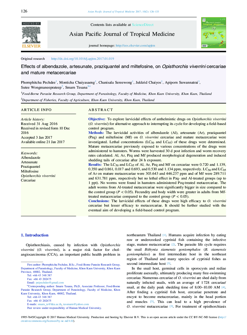 Effects of albendazole, artesunate, praziquantel and miltefosine, on Opisthorchis viverrini cercariae and mature metacercariae