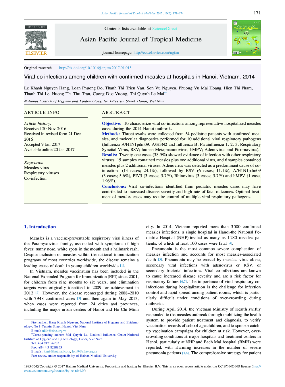 Viral co-infections among children with confirmed measles at hospitals in Hanoi, Vietnam, 2014