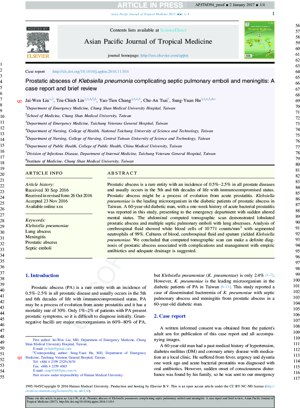 Prostatic abscess of KlebsiellaÂ pneumonia complicating septic pulmonary emboli and meningitis: A case report and brief review