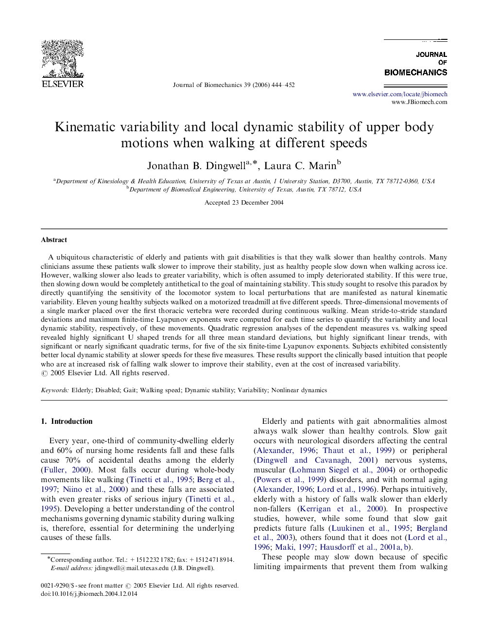 Kinematic variability and local dynamic stability of upper body motions when walking at different speeds