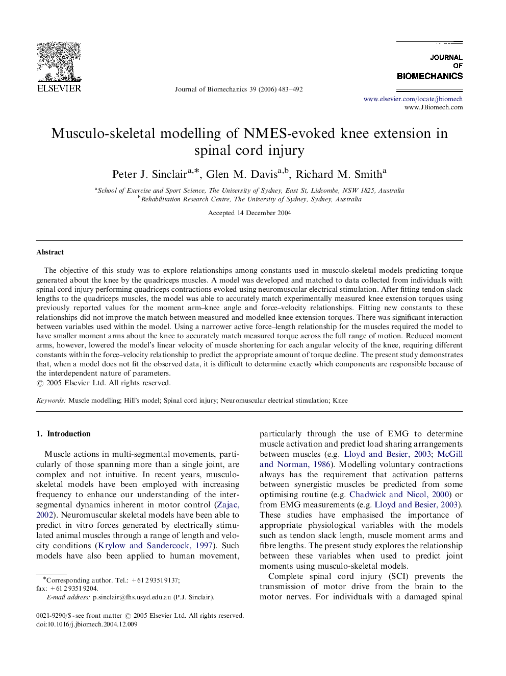 Musculo-skeletal modelling of NMES-evoked knee extension in spinal cord injury