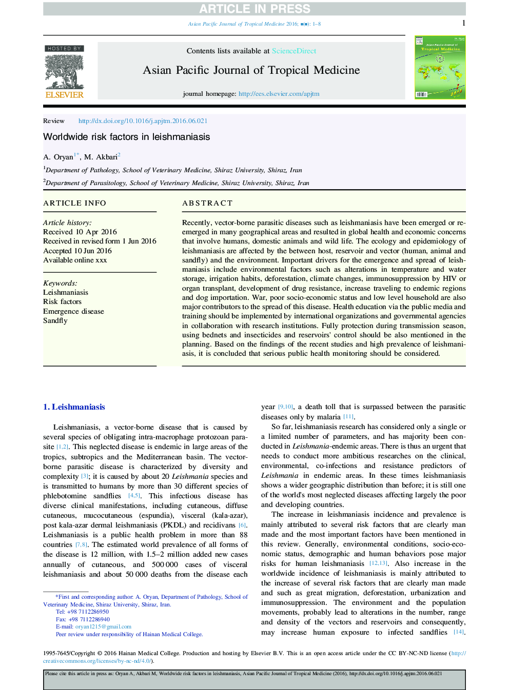 Worldwide risk factors in leishmaniasis