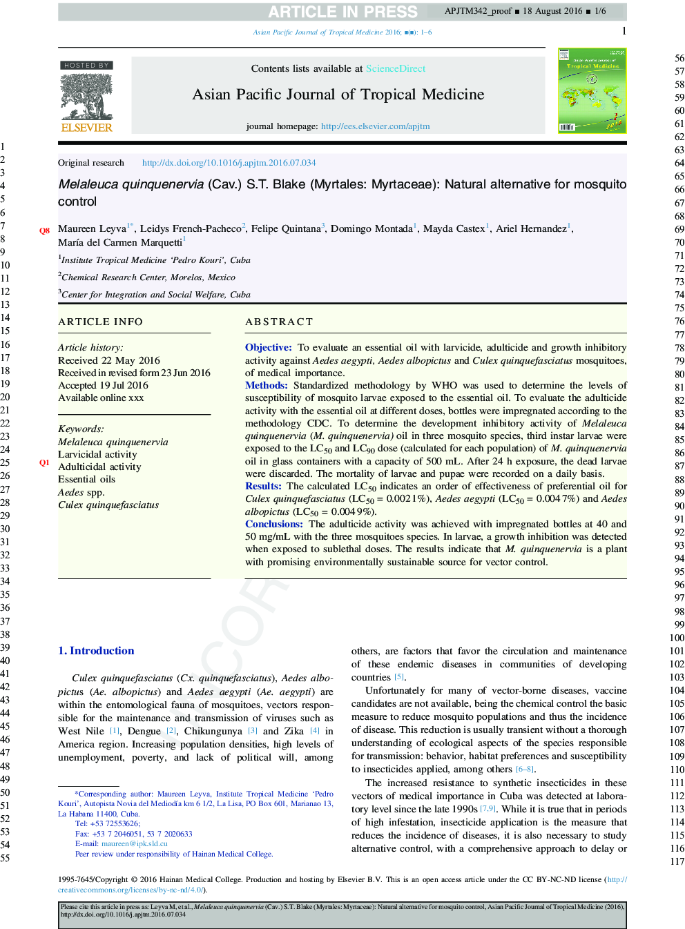 Melaleuca quinquenervia (Cav.) S.T. Blake (Myrtales: Myrtaceae): Natural alternative for mosquito control