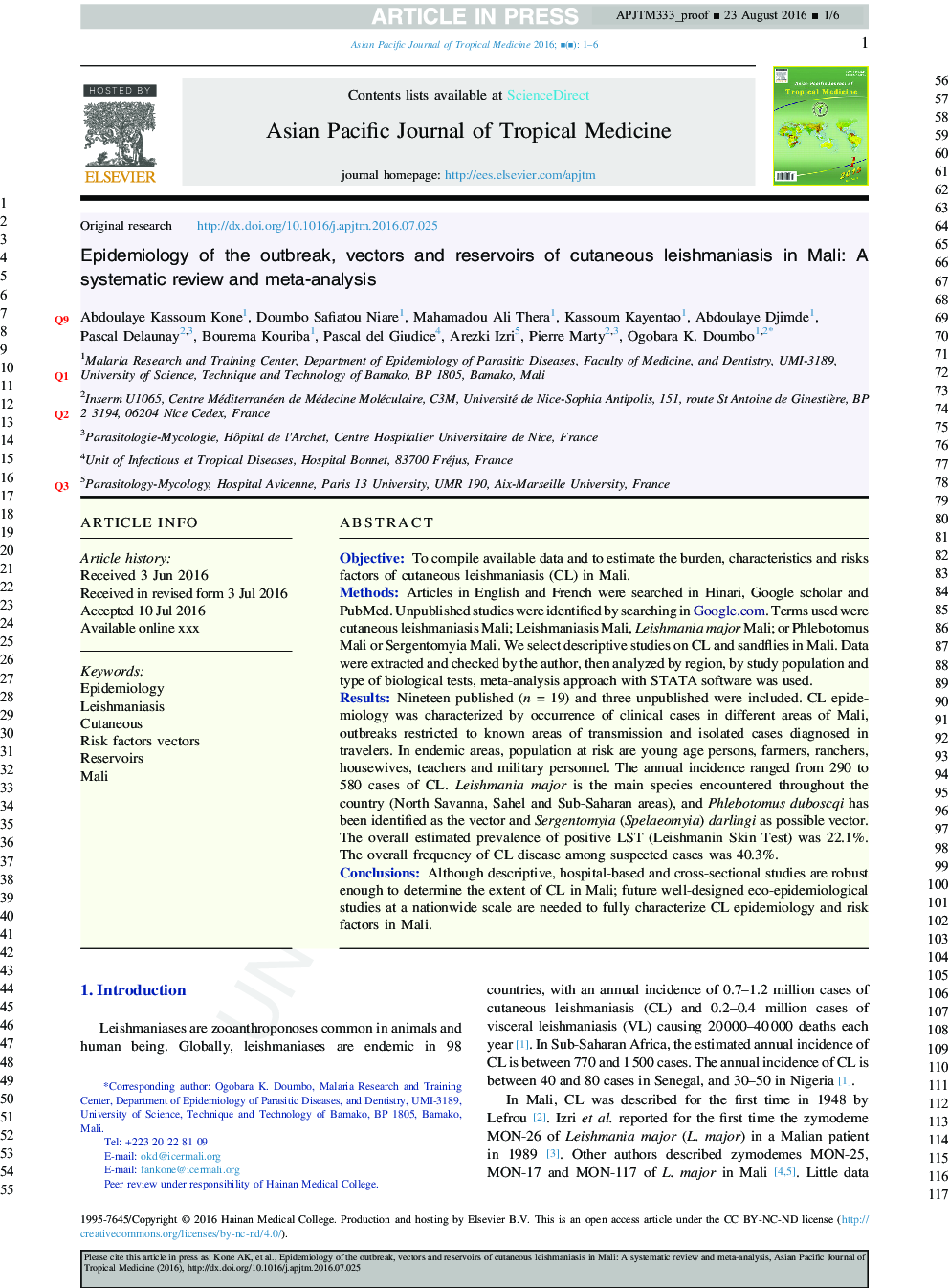 اپیدمیولوژی شیوع، بردارها و مخازن لیشمانیوز جلدی در مالزی: بررسی منظم و متاآنالیز 