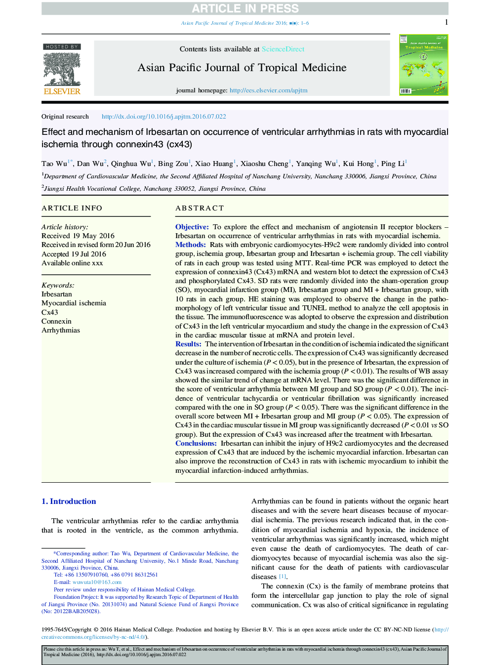 Effect and mechanism of Irbesartan on occurrence of ventricular arrhythmias in rats with myocardial ischemia through connexin43 (cx43)