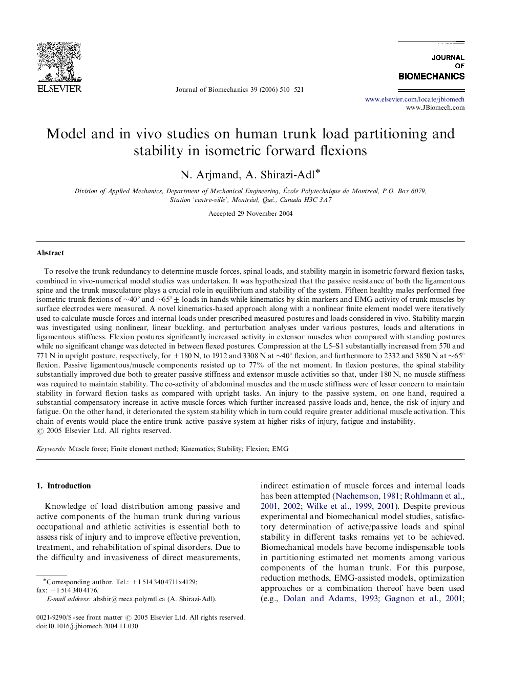 Model and in vivo studies on human trunk load partitioning and stability in isometric forward flexions