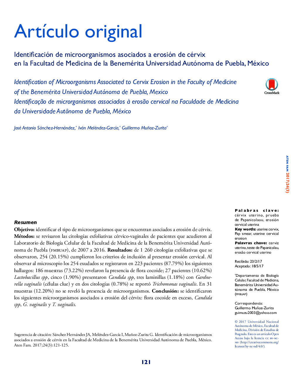 Identificación de microorganismos asociados a erosión de cérvix en la Facultad de Medicina de la Benemérita Universidad Autónoma de Puebla, México