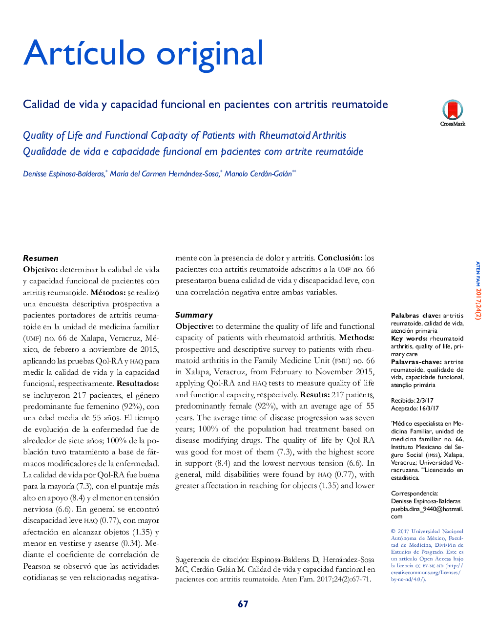 Calidad de vida y capacidad funcional en pacientes con artritis reumatoide