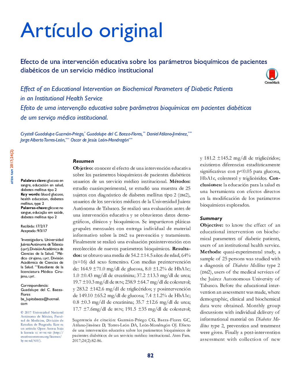 Efecto de una intervención educativa sobre los parámetros bioquÃ­micos de pacientes diabéticos de un servicio médico institucional