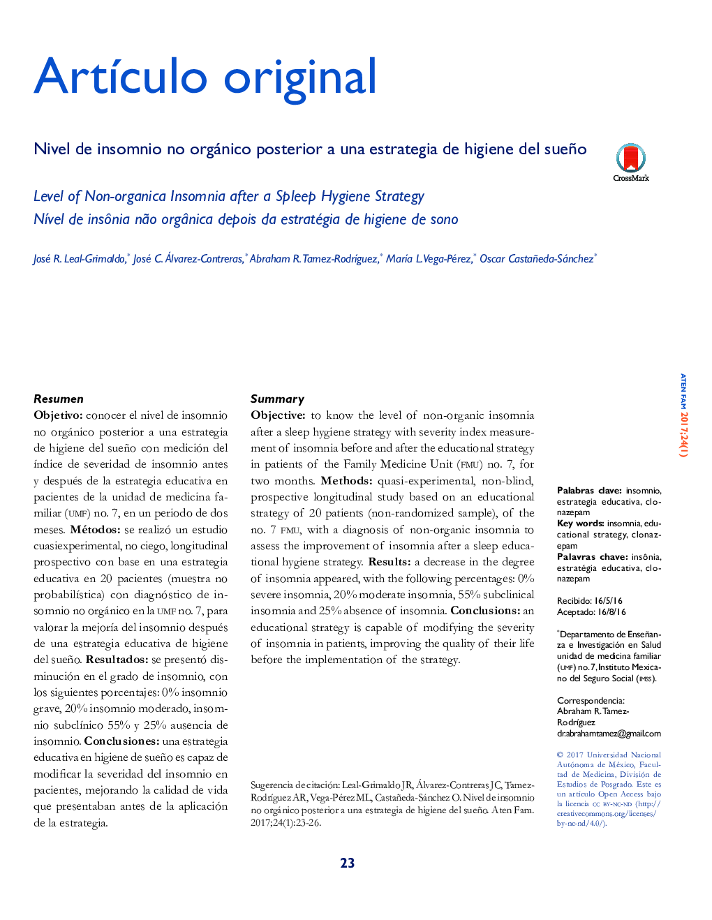 Nivel de insomnio no orgánico posterior a una estrategia de higiene del sueño