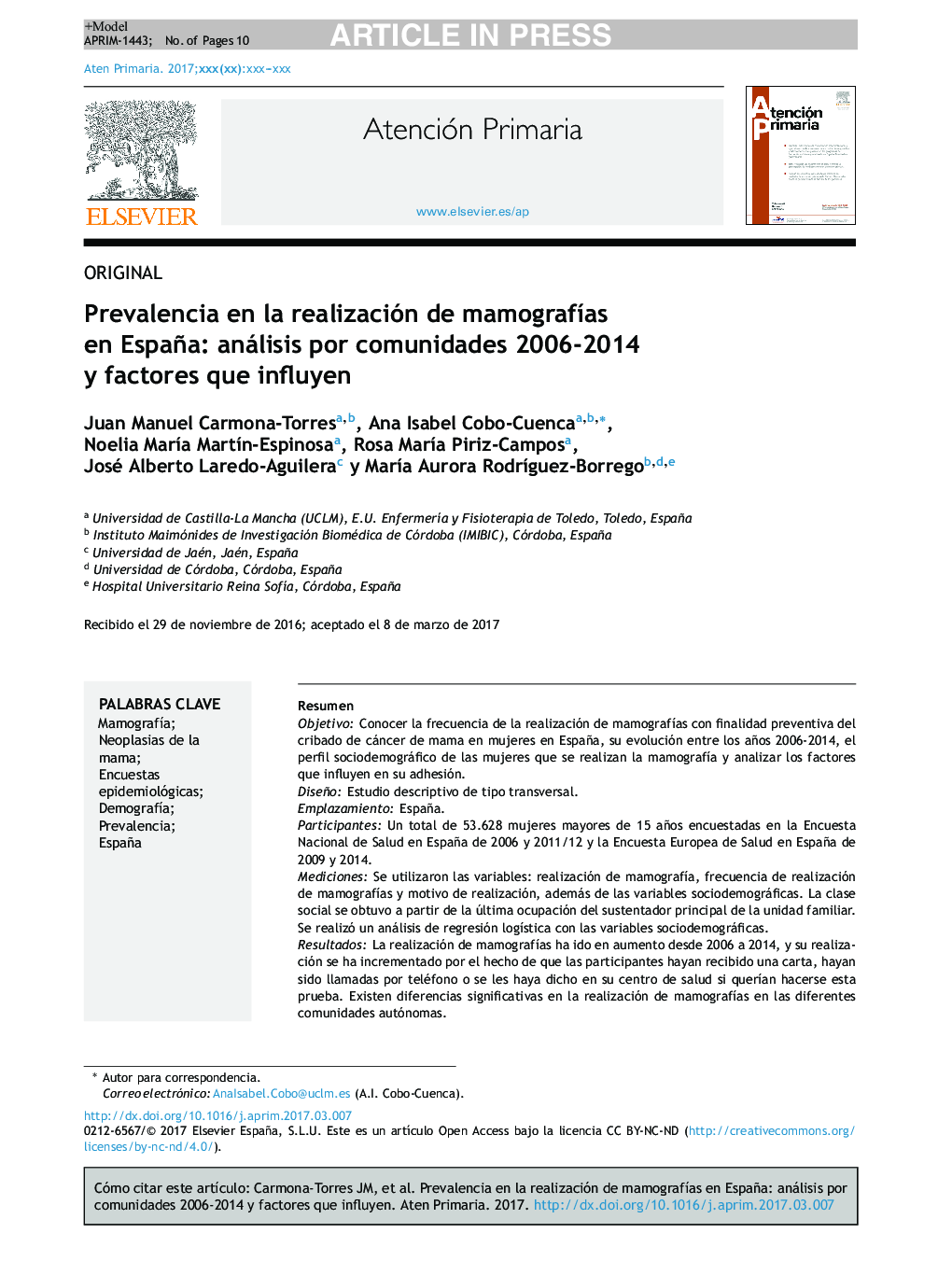 Prevalencia en la realización de mamografÃ­as en España: análisis por comunidades 2006-2014 y factores que influyen