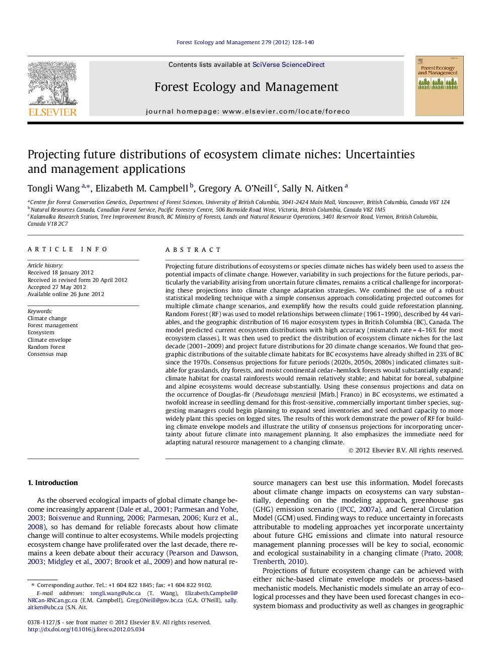 Projecting future distributions of ecosystem climate niches: Uncertainties and management applications