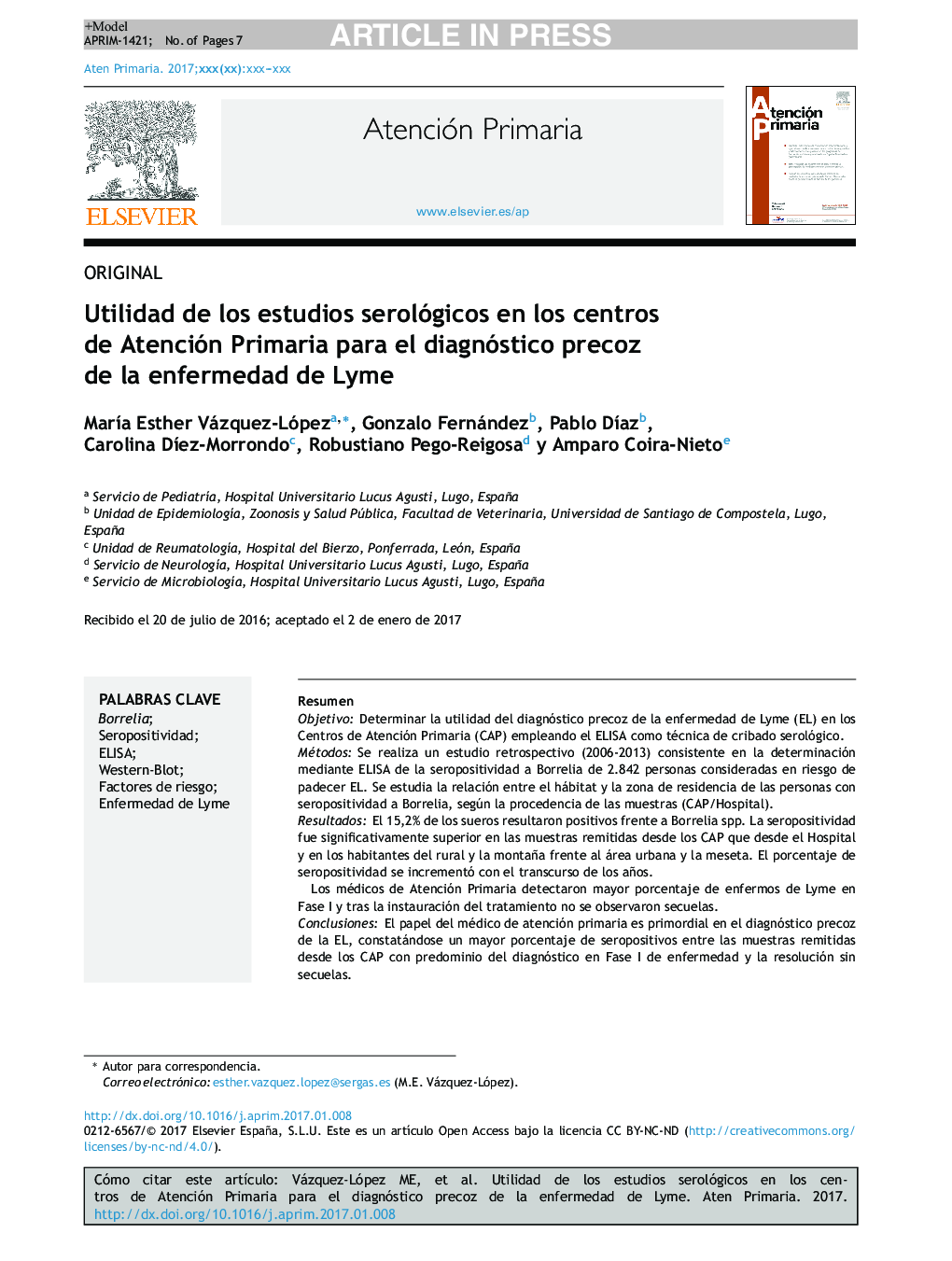 Utilidad de los estudios serológicos en los centros de Atención Primaria para el diagnóstico precoz de la enfermedad de Lyme