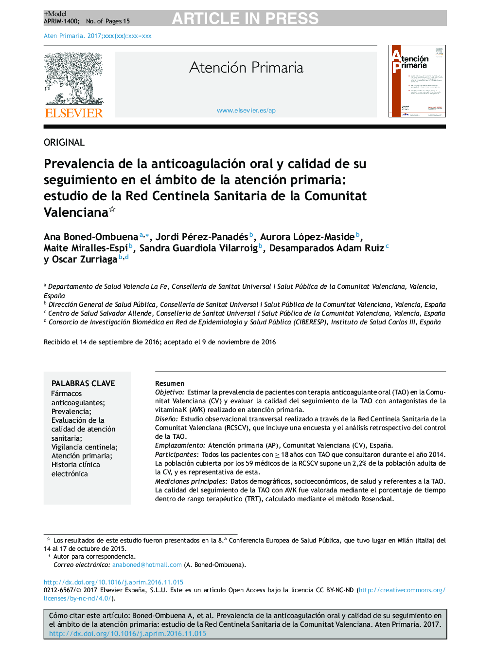 Prevalencia de la anticoagulación oral y calidad de su seguimiento en el ámbito de la atención primaria: estudio de la Red Centinela Sanitaria de la Comunitat Valenciana