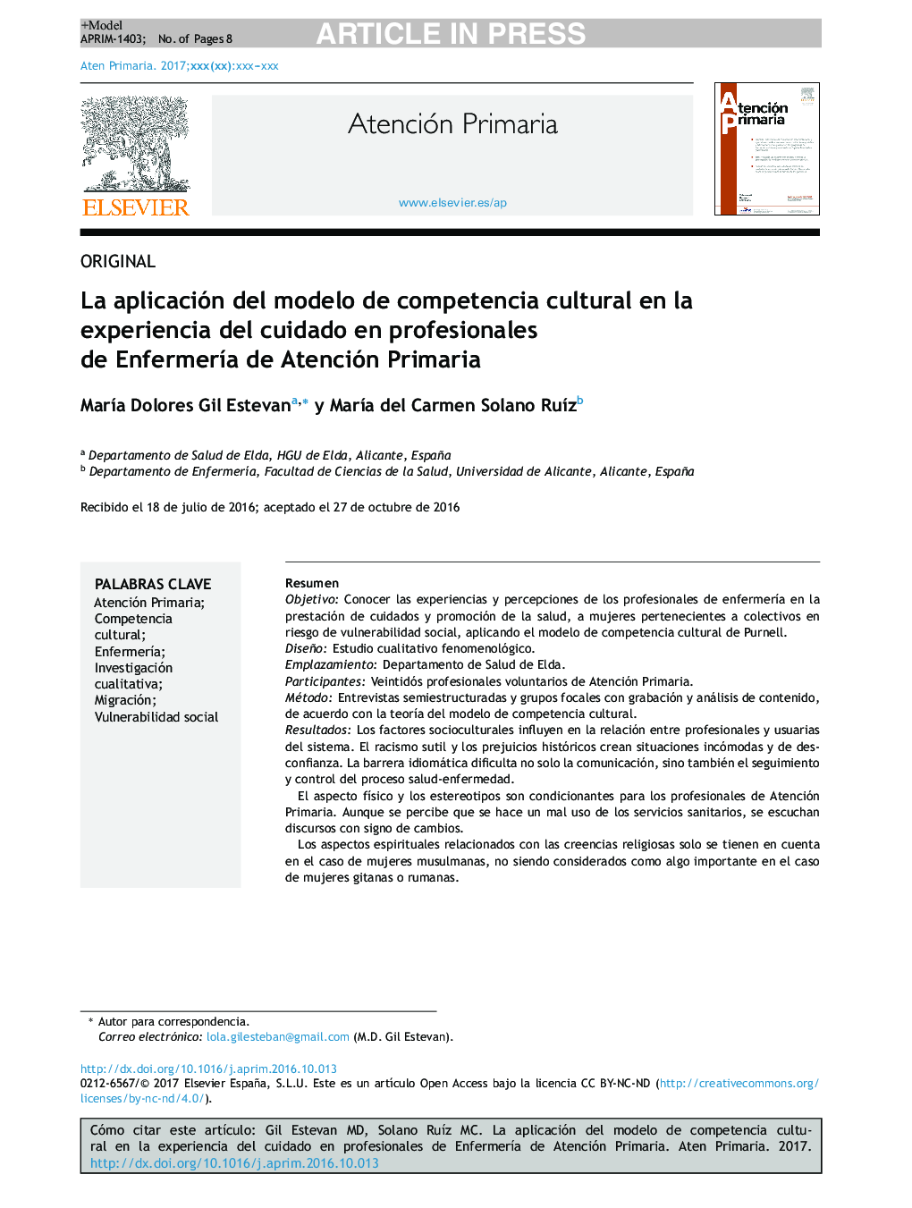 La aplicación del modelo de competencia cultural en la experiencia del cuidado en profesionales de EnfermerÃ­a de Atención Primaria