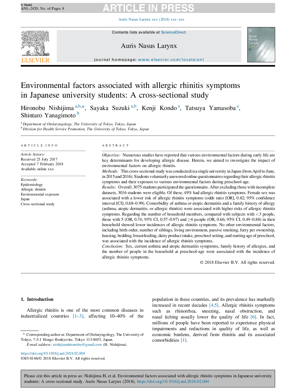 Environmental factors associated with allergic rhinitis symptoms in Japanese university students: A cross-sectional study