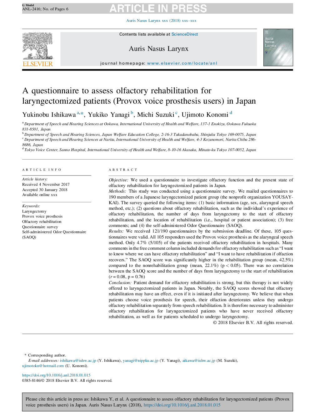 A questionnaire to assess olfactory rehabilitation for laryngectomized patients (Provox voice prosthesis users) in Japan