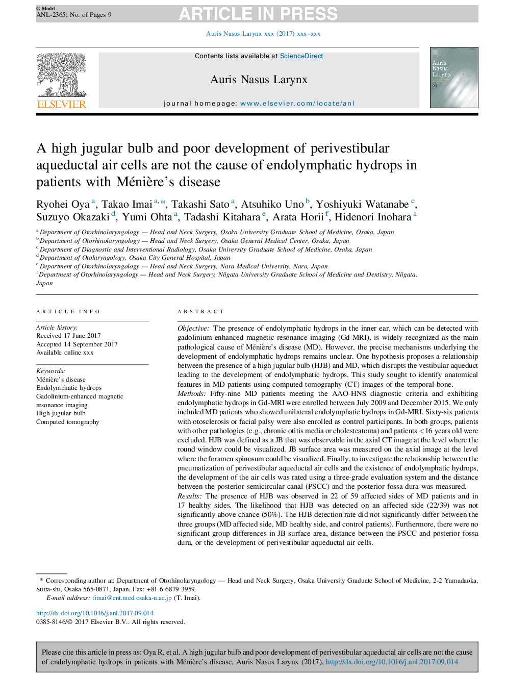 A high jugular bulb and poor development of perivestibular aqueductal air cells are not the cause of endolymphatic hydrops in patients with MéniÃ¨re's disease