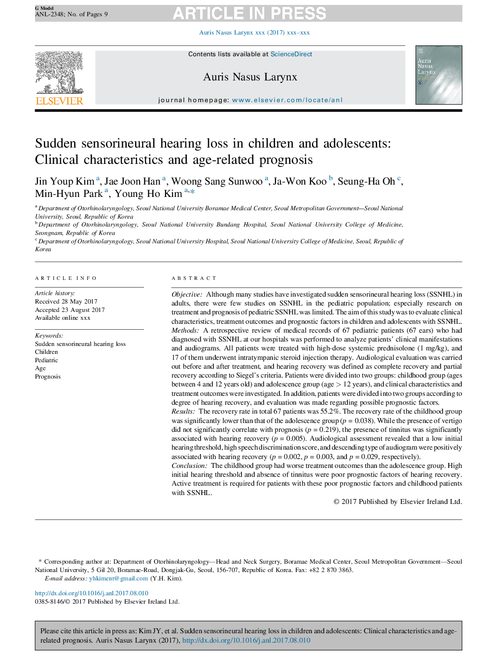 Sudden sensorineural hearing loss in children and adolescents: Clinical characteristics and age-related prognosis