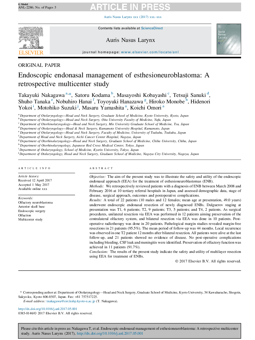 Endoscopic endonasal management of esthesioneuroblastoma: A retrospective multicenter study