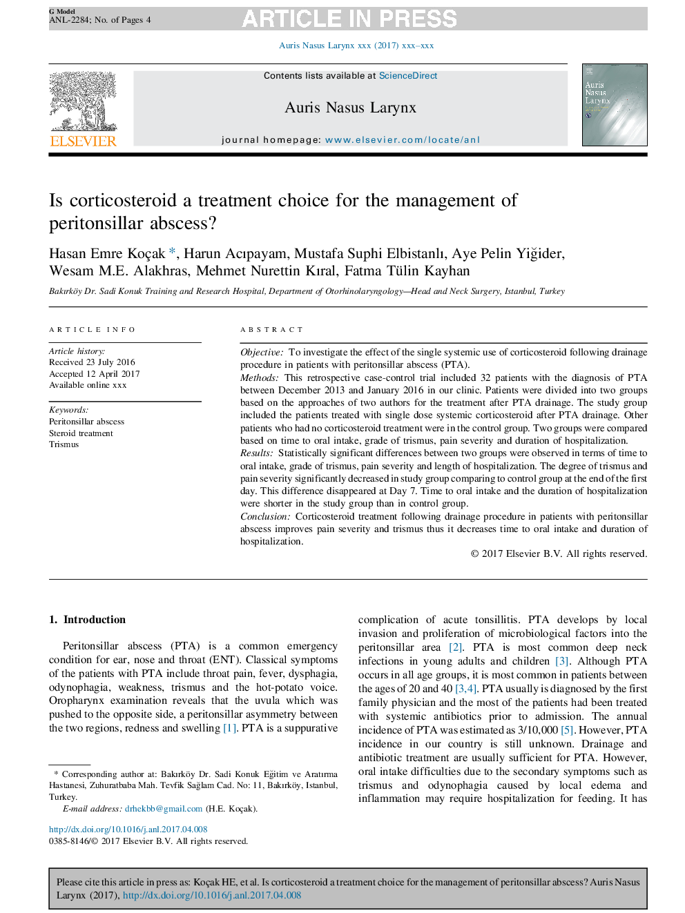 Is corticosteroid a treatment choice for the management of peritonsillar abscess?