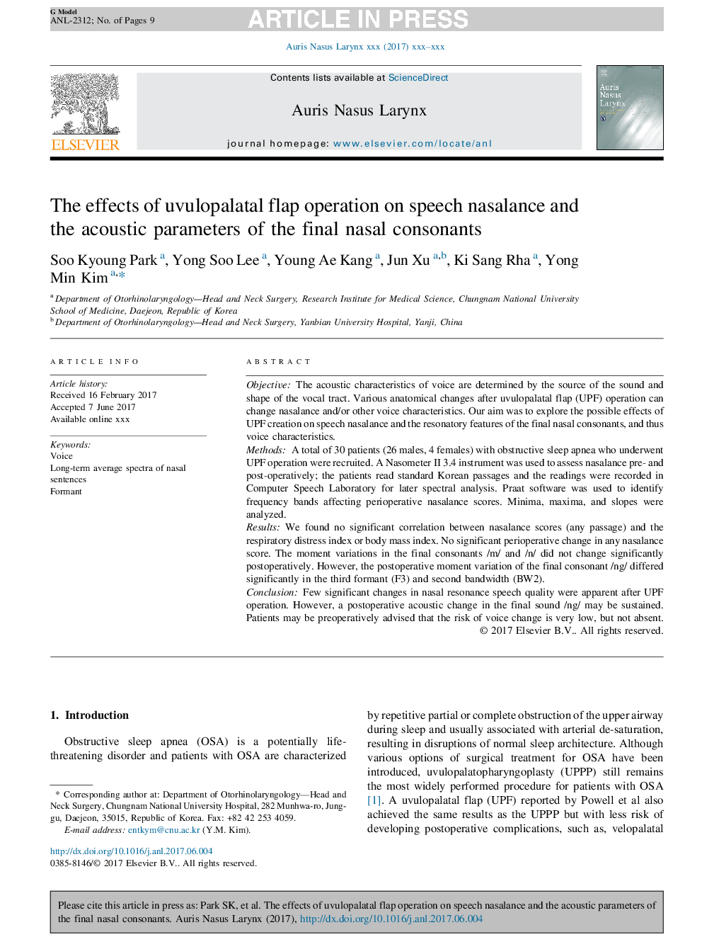 The effects of uvulopalatal flap operation on speech nasalance and the acoustic parameters of the final nasal consonants