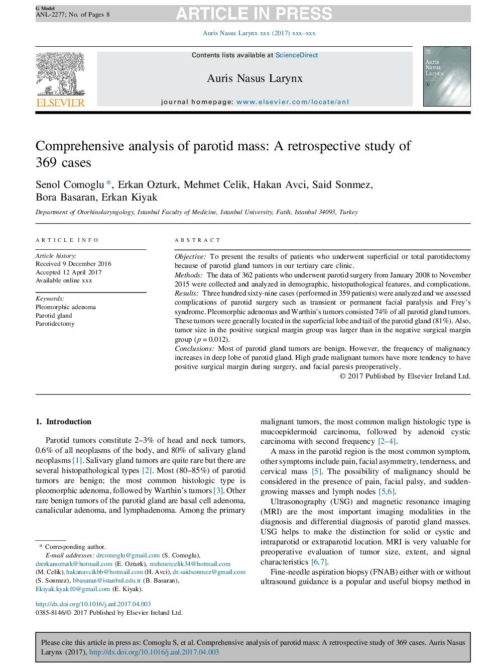 Comprehensive analysis of parotid mass: A retrospective study of 369 cases