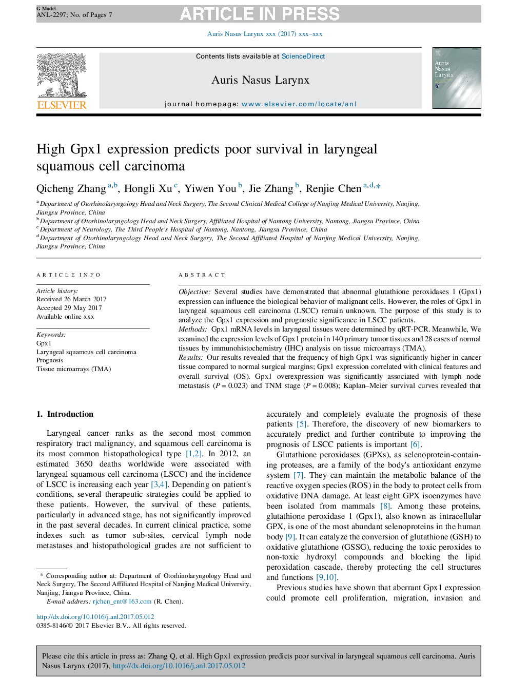 High Gpx1 expression predicts poor survival in laryngeal squamous cell carcinoma