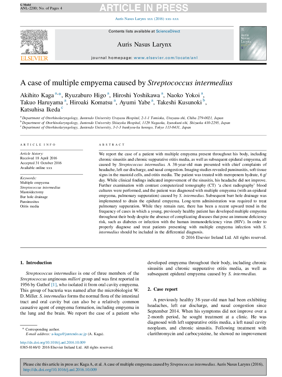 A case of multiple empyema caused by Streptococcus intermedius