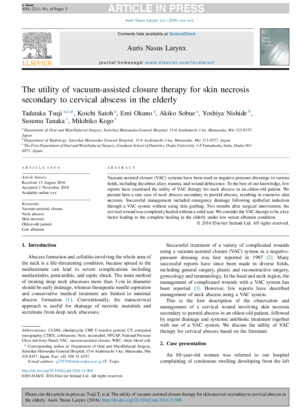 The utility of vacuum-assisted closure therapy for skin necrosis secondary to cervical abscess in the elderly