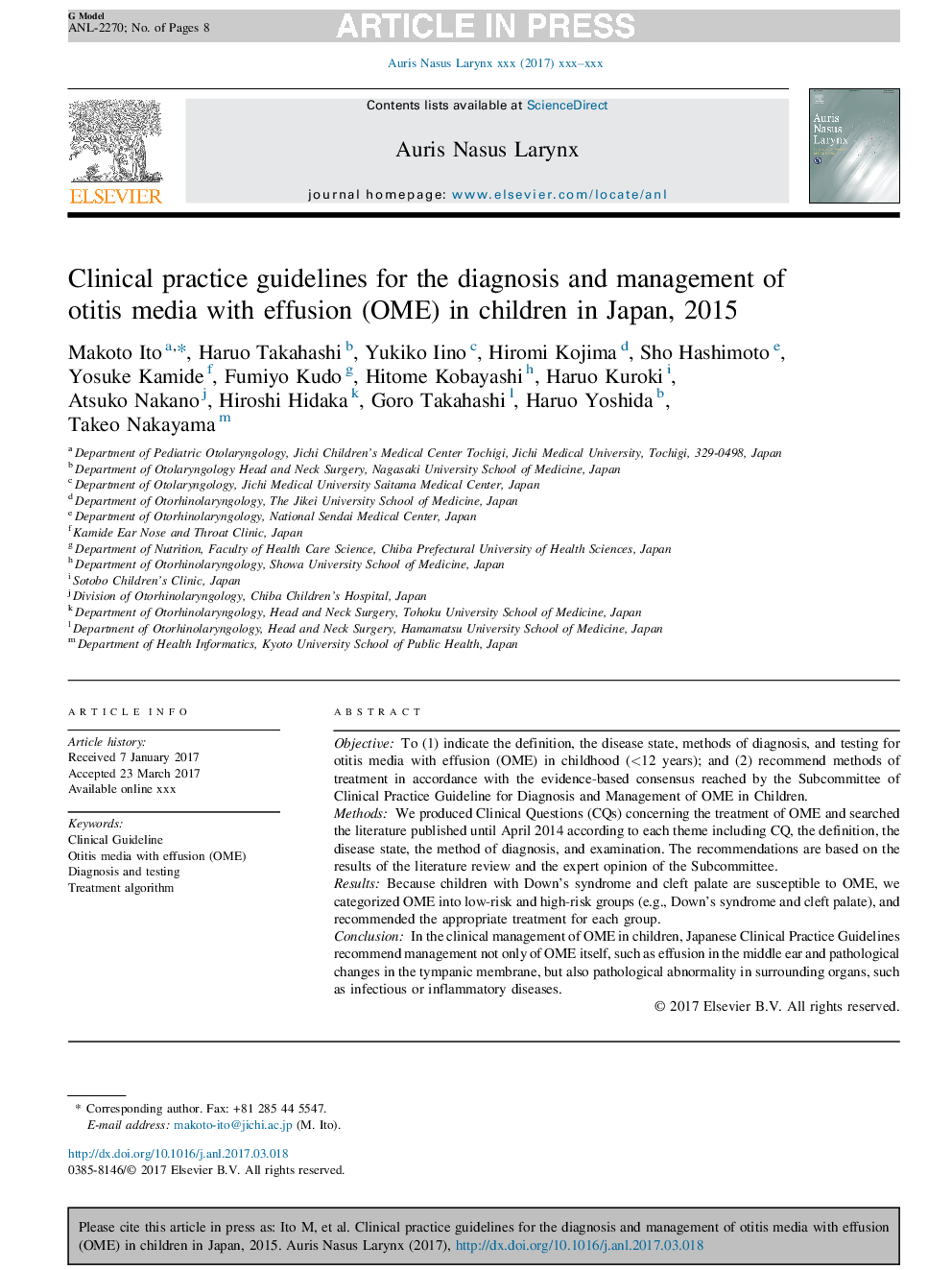 Clinical practice guidelines for the diagnosis and management of otitis media with effusion (OME) in children in Japan, 2015