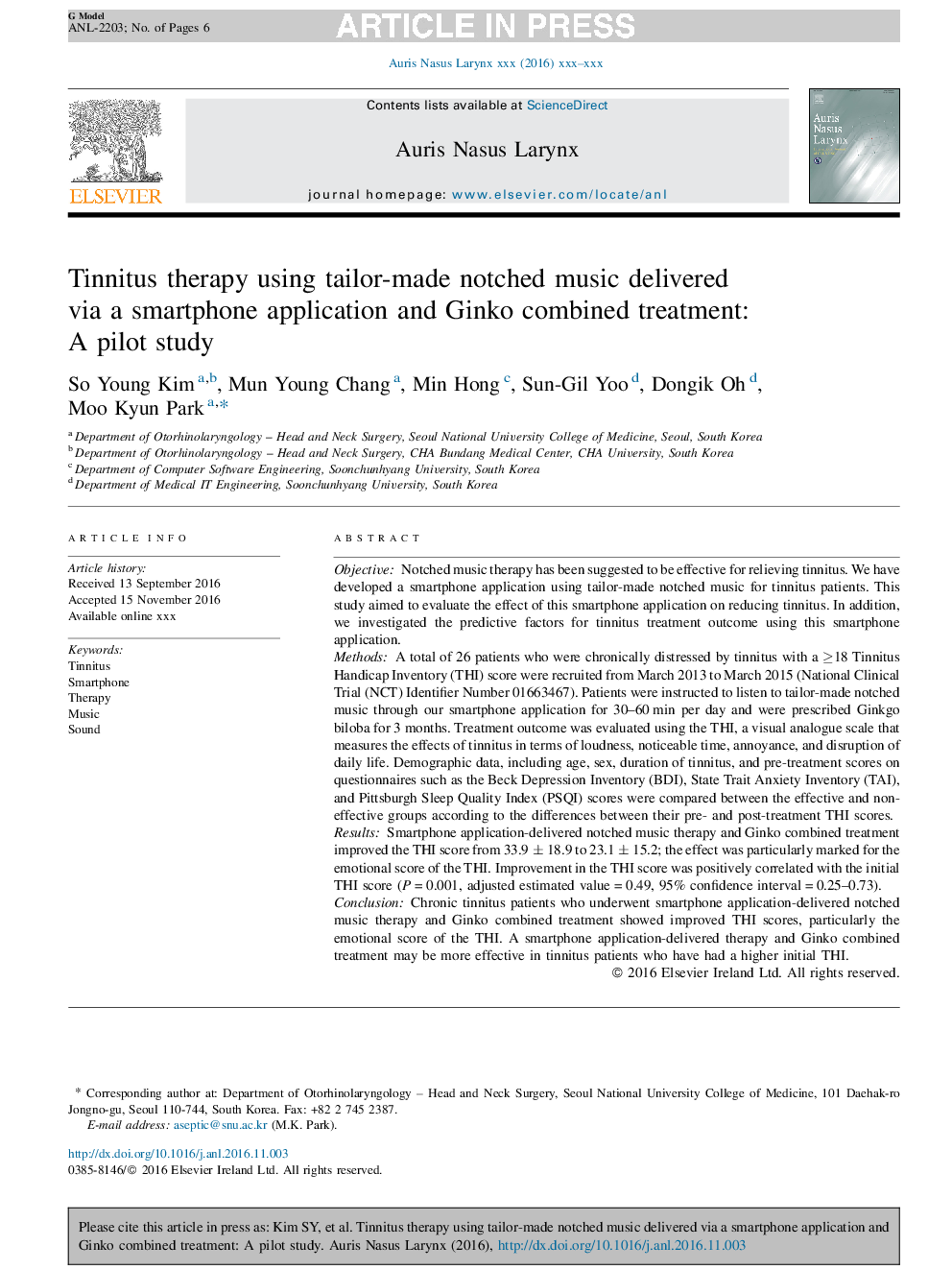 Tinnitus therapy using tailor-made notched music delivered via a smartphone application and Ginko combined treatment: A pilot study