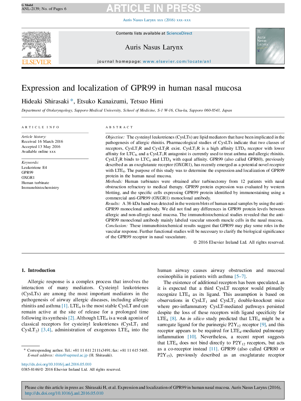 Expression and localization of GPR99 in human nasal mucosa