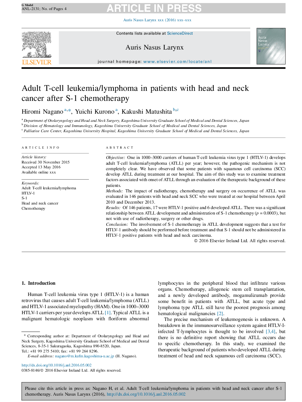 Adult T-cell leukemia/lymphoma in patients with head and neck cancer after S-1 chemotherapy