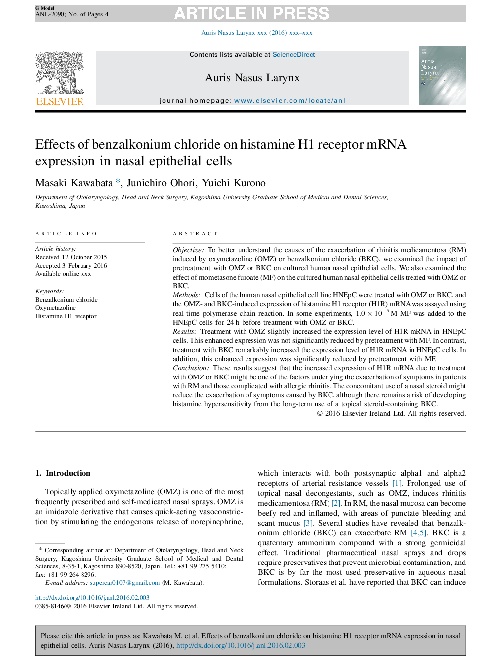 Effects of benzalkonium chloride on histamine H1 receptor mRNA expression in nasal epithelial cells