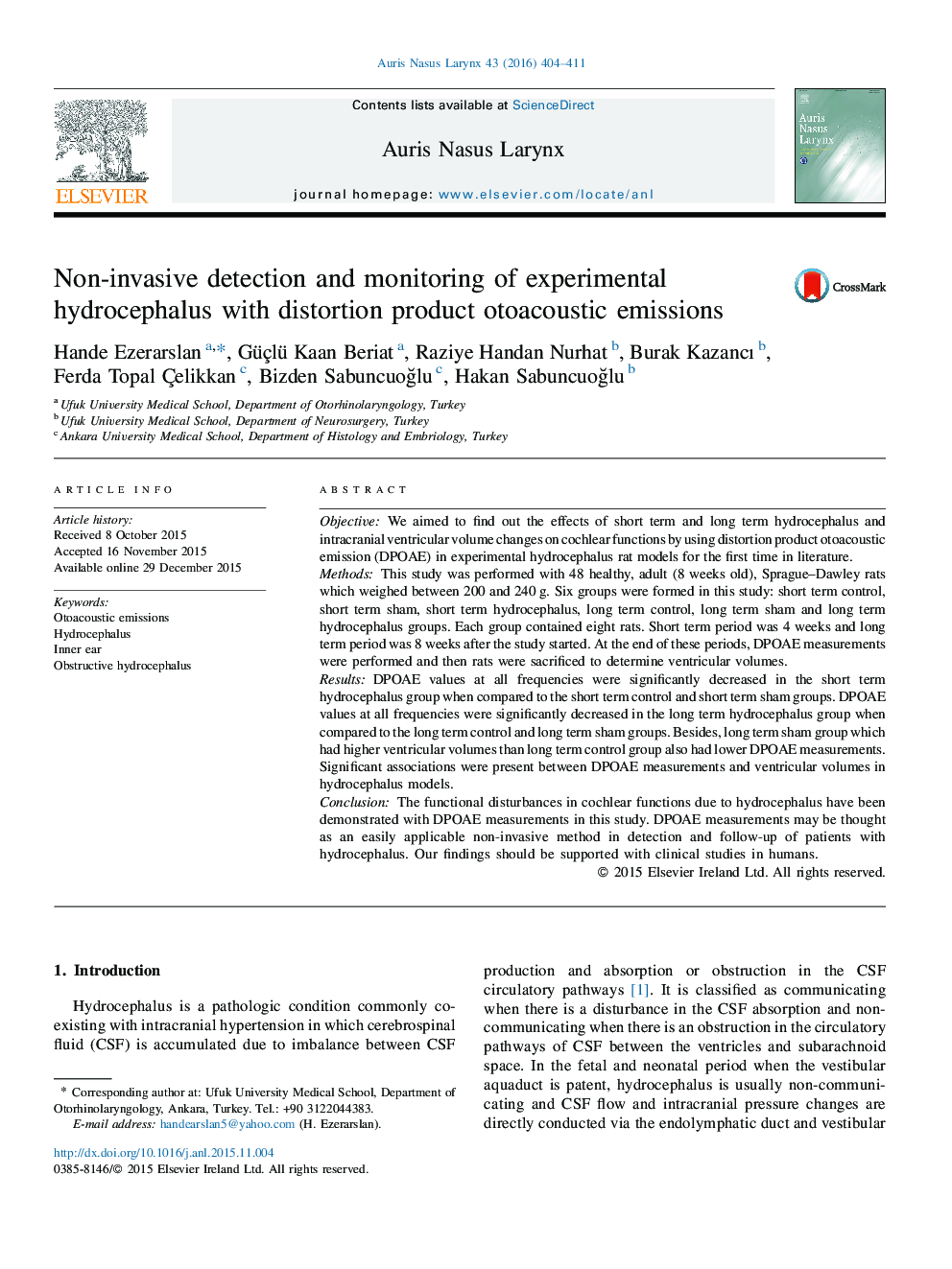 Non-invasive detection and monitoring of experimental hydrocephalus with distortion product otoacoustic emissions