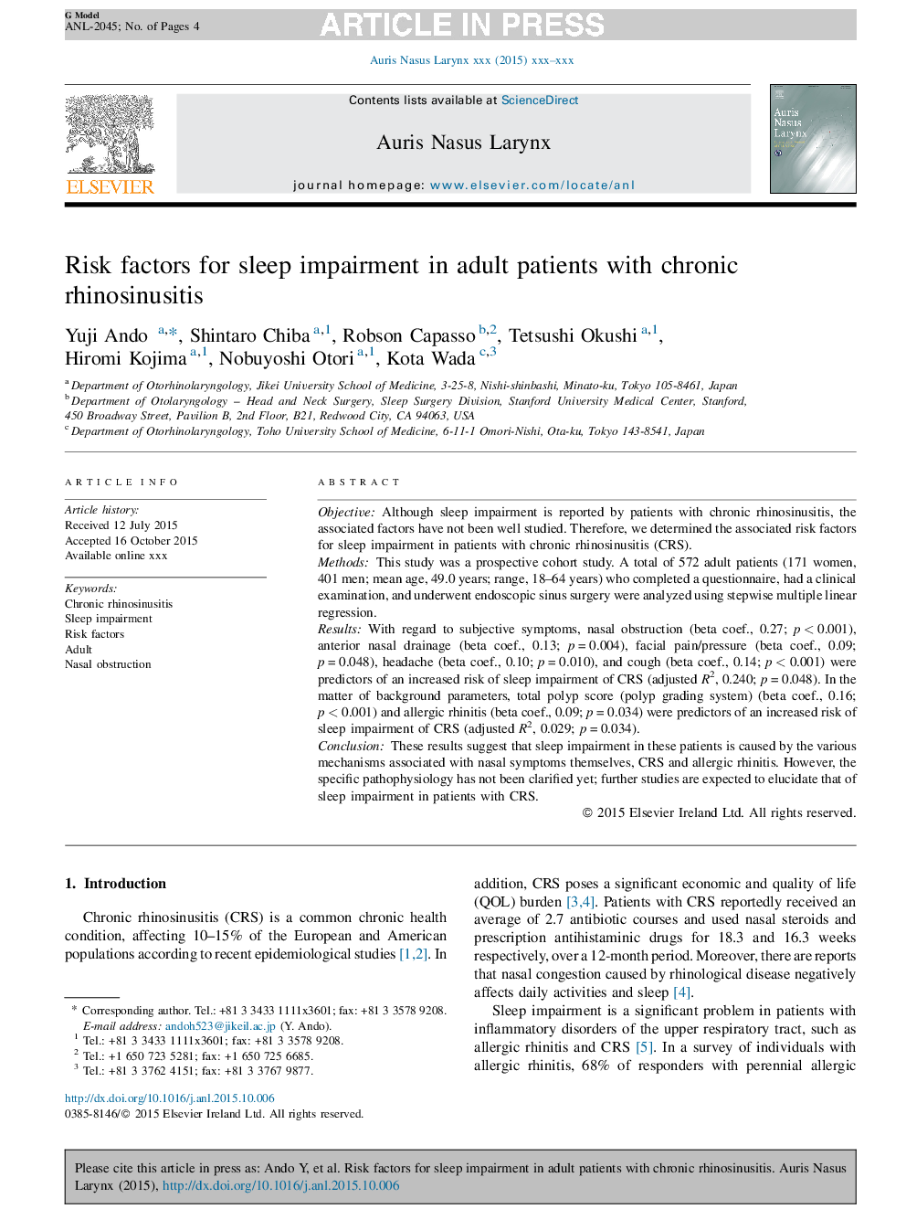 Risk factors for sleep impairment in adult patients with chronic rhinosinusitis