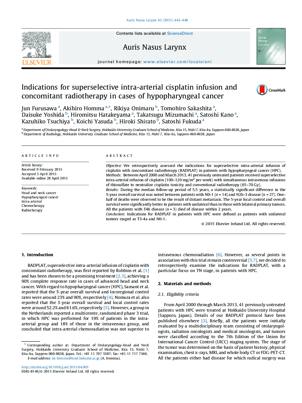 Indications for superselective intra-arterial cisplatin infusion and concomitant radiotherapy in cases of hypopharyngeal cancer