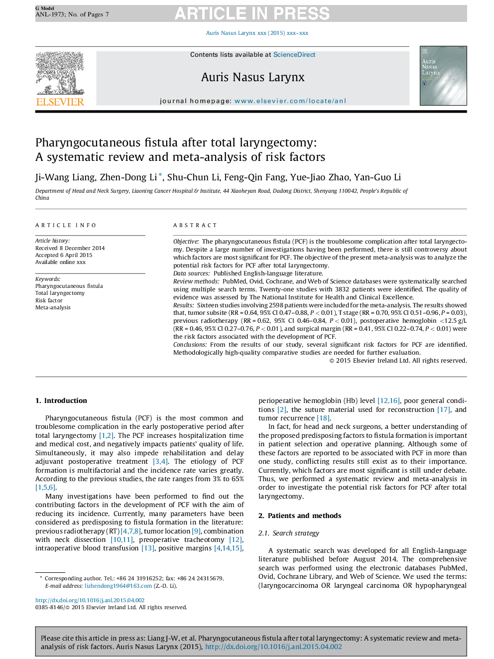 Pharyngocutaneous fistula after total laryngectomy: A systematic review and meta-analysis of risk factors