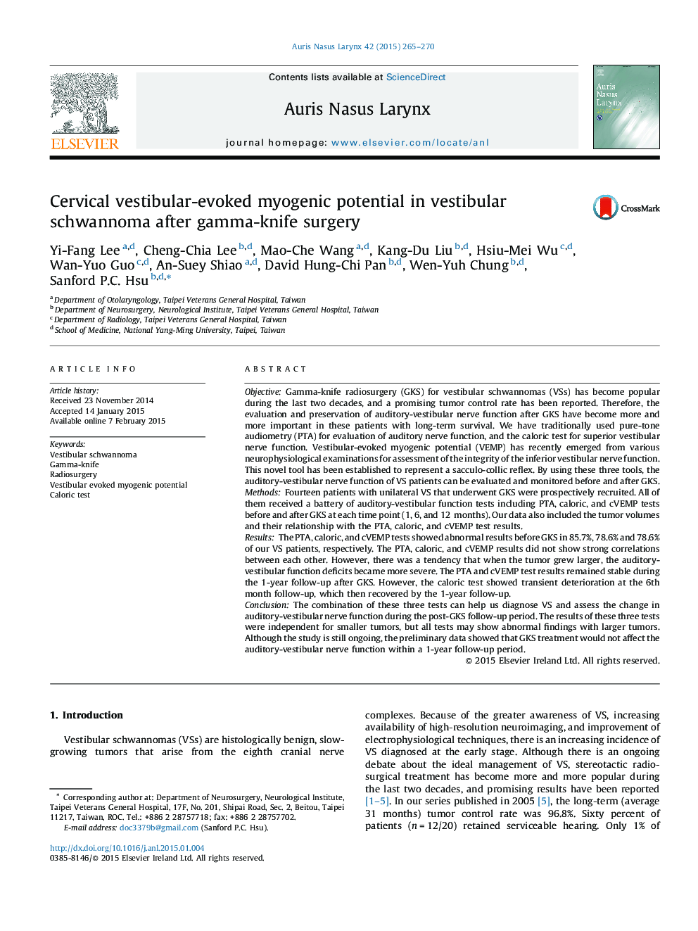 Cervical vestibular-evoked myogenic potential in vestibular schwannoma after gamma-knife surgery