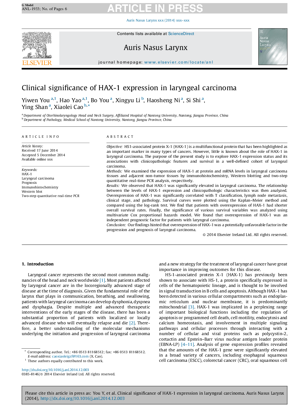 Clinical significance of HAX-1 expression in laryngeal carcinoma