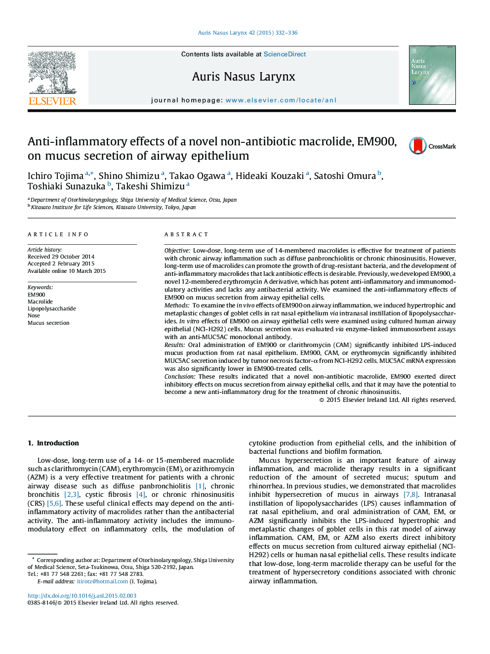 Anti-inflammatory effects of a novel non-antibiotic macrolide, EM900, on mucus secretion of airway epithelium