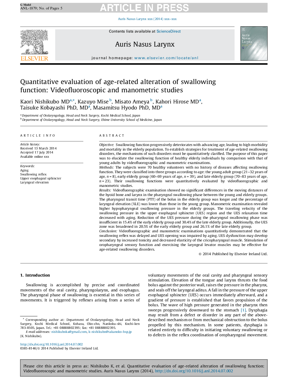 Quantitative evaluation of age-related alteration of swallowing function: Videofluoroscopic and manometric studies