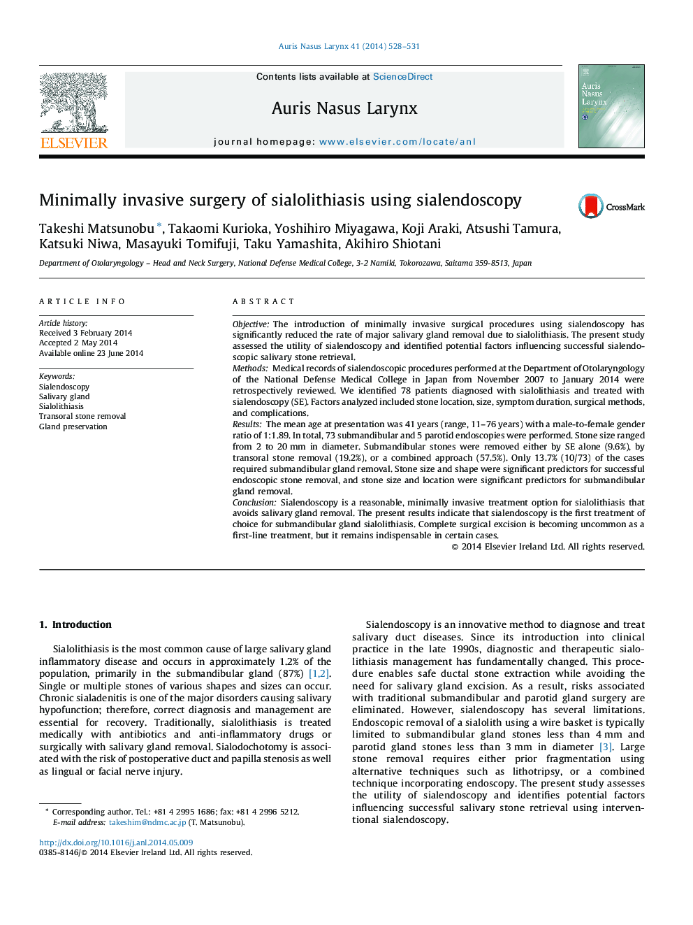 Minimally invasive surgery of sialolithiasis using sialendoscopy