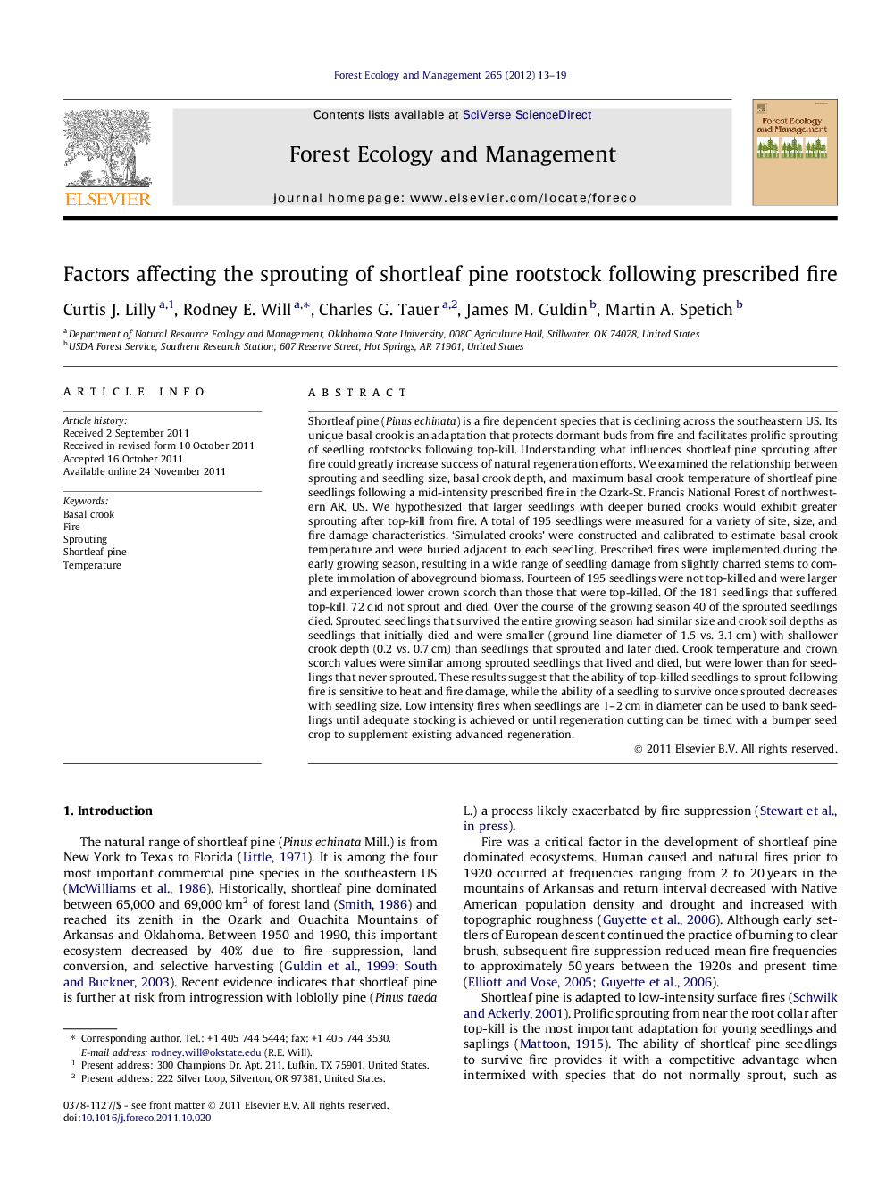 Factors affecting the sprouting of shortleaf pine rootstock following prescribed fire