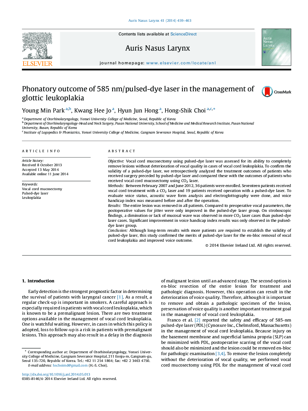 Phonatory outcome of 585Â nm/pulsed-dye laser in the management of glottic leukoplakia